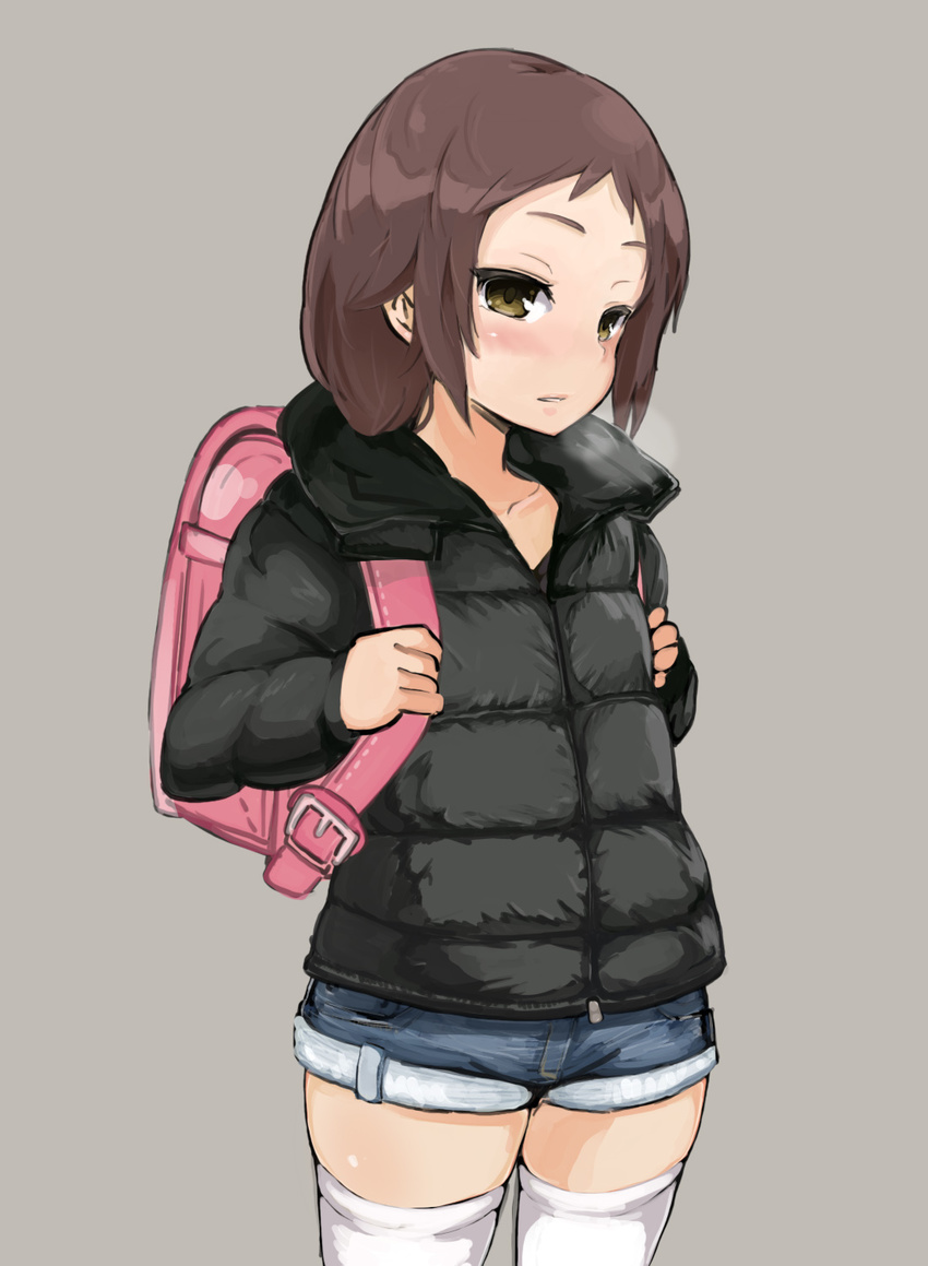 backpack bag blush breath brown_eyes brown_hair coat commentary_request denim denim_shorts down_jacket female highres holding_strap jacket megane_chuu original randoseru short_shorts shorts skindentation solo standing thighhighs thighs