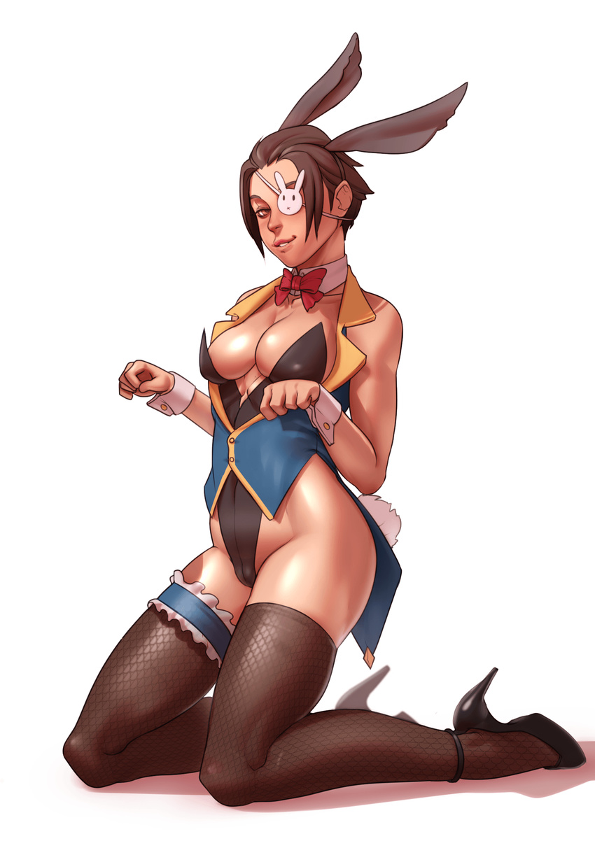 animal_ears asymmetrical_legwear bad_id bow bowtie breasts bridal_garter brown_eyes brown_hair cameltoe cleavage detached_collar eyepatch female fishnet_thighhighs fishnets frilled_legwear full_body high_heels highleg highleg_leotard highres jane_doe_(john_doe_(jdart)) john_doe_(jdart) kneeling leotard lips medium_breasts mismatched_legwear nose original paw_pose playboy_bunny rabbit_ears rabbit_eyepatch rabbit_tail short_hair smile solo stiletto_heels tail thighhighs vest wrist_cuffs