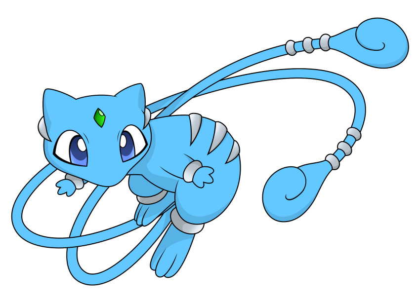 alternate_color commentary english_commentary floating forehead_jewel full_body gem highres mega_pokemon mega_pokemon_(other) mew_(pokemon) multiple_tails no_humans original pokemon pokemon_(creature) reitanna-seishin shiny_pokemon solo striped tail transparent_background