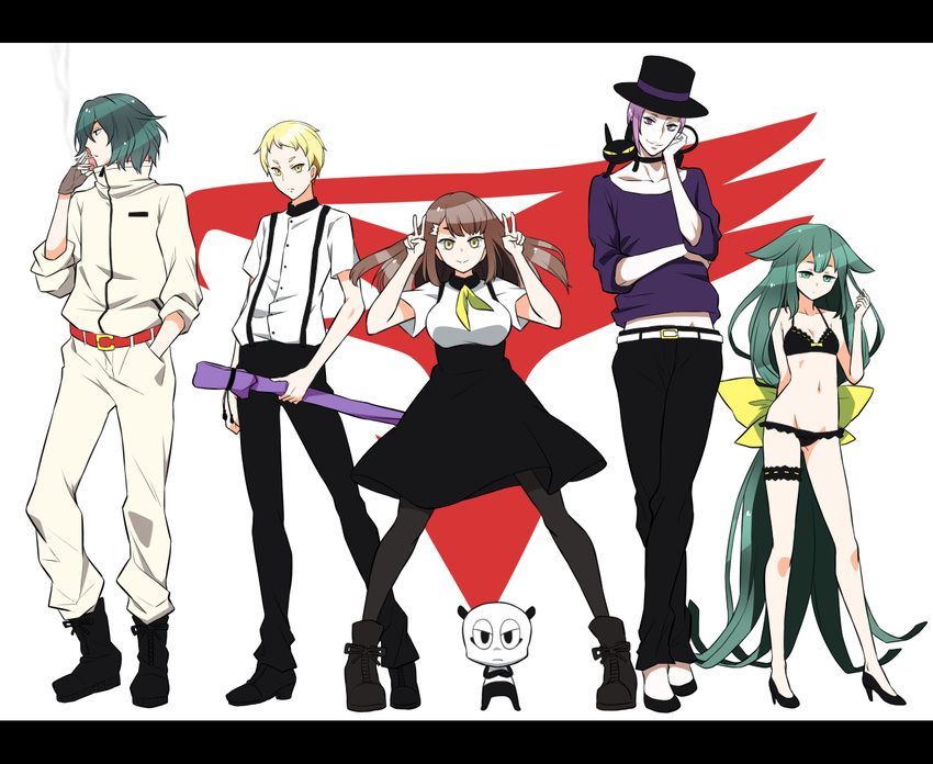 2girls 3boys absurdly_long_hair belt bikini black_bikini black_bra black_panties blonde_hair boots bow bra brown_hair cigarette commentary_request double_v feline fingerless_gloves gatchaman_crowds gloves green_eyes green_hair hair_ornament hairbow hand_in_own_hair hand_in_pocket hand_on_own_face hat hibiki_joe high_heels holding ichinose_hajime letterboxed long_hair looking_at_viewer looking_away lowleg lowleg_bikini miya_utsutsu multiple_boys multiple_girls navel neckerchief o.d. paiman panties pants popped_collar purple_eyes purple_hair school_uniform shirt shouji_nigou skirt smile smoking spread_legs standing suspenders swimsuit tachibana_sugane top_hat underwear underwear_only v very_long_hair yellow_eyes