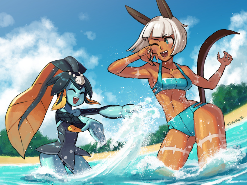 2girls animal_ears bangs bikini blue_eyes blue_skin blunt_bangs breasts cat_ears cat_tail cleavage dark_skin fingernails fins fish_girl hair_ornament happy mariel_cartwright minette_(skullgirls) monster_girl ms._fortune_(skullgirls) multiple_girls ocean oerba_yun_fang one-piece_swimsuit open_mouth scales scar sharp_fingernails shell silver_hair skullgirls smile splashing strapless strapless_swimsuit swimsuit tail wading water