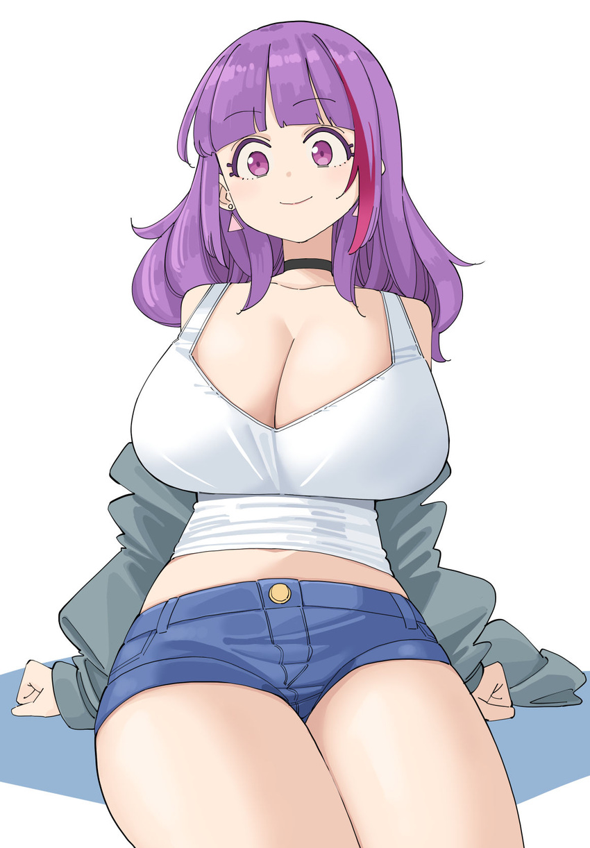 blue_shorts blunt_bangs breasts cleavage closed_mouth denim denim_shorts earrings female green_jacket highres jacket jewelry large_breasts nekomatagi original purple_eyes purple_hair shirt short_hair short_shorts shorts smile solo white_background white_shirt