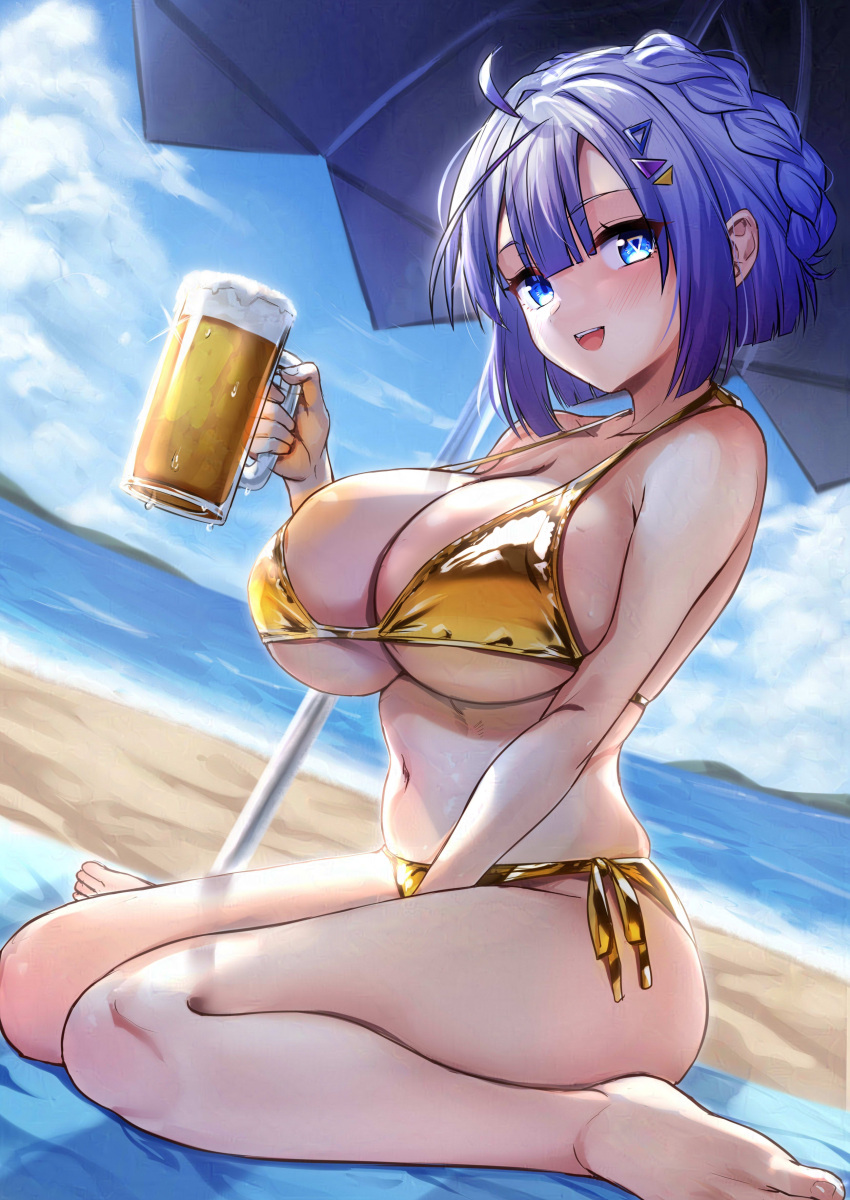 :d absurdres ahoge alcohol bare_arms beach beach_towel beach_umbrella beer between_legs bikini blue_eyes blue_hair blue_sky blunt_bangs blush braid breasts cloud commentary_request cup day female gold_bikini hair_between_eyes hand_between_legs highres holding holding_cup large_breasts looking_at_viewer navel no._7_(neutrino) ocean open_mouth outdoors short_hair sidelocks sitting sky smile solo swimsuit teeth tenneko_yuuri towel triangle_hair_ornament umbrella upper_teeth_only voicevox wariza