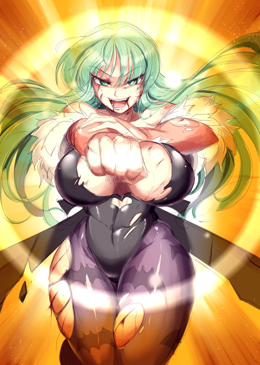 absurdres animal_print bat_print battle_damage black_leotard blood breasts bridal_gauntlets clenched_hand clothing_cutout cowboy_shot cutout_above_navel demon_girl demon_wings female green_eyes green_hair heart_cutout highleg highres injury large_breasts leotard long_hair morrigan_aensland open_mouth pantyhose print_pantyhose solo suga_leon teeth torn_bridal_gautlets torn_clothes torn_leotard torn_pantyhose vampire_(game) wings