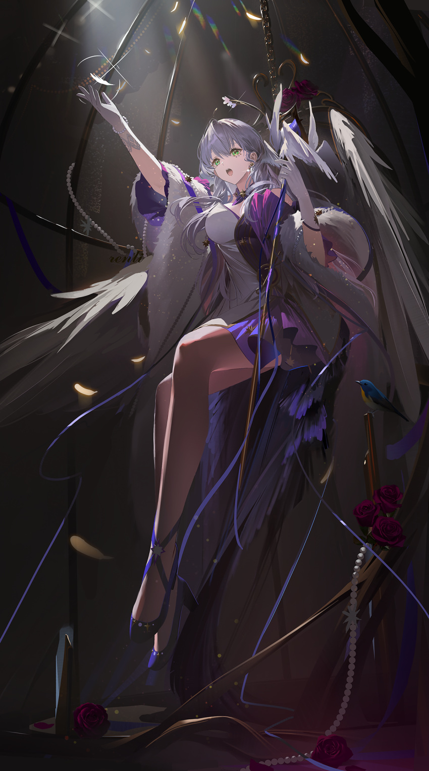 angel_wings arm_up artist_name birdcage blue_footwear bracelet cage choker commentary_request dress feathered_wings feathers female flower full_body fur_shawl gem gloves green_eyes grey_hair halo hand_up head_wings high_heels highres honkai:_star_rail honkai_(series) jewelry long_hair music open_mouth pearl_(gemstone) pearl_bracelet purple_choker purple_dress renlili ribbon_choker robin_(bird) robin_(honkai:_star_rail) rose shawl singing solo strapless strapless_dress two-tone_dress white_dress white_gloves white_wings wings