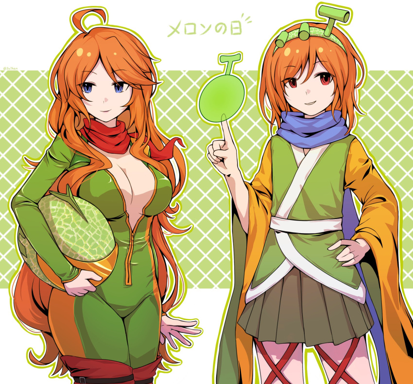 1other androgynous biker_clothes bikesuit blue_eyes blue_scarf bodysuit breasts brown_hakama closed_mouth commentary crossover euthan female food fruit green_bodysuit green_jumpsuit green_kimono hakama hakama_short_skirt hakama_skirt hand_on_own_hip hand_up highres hokkaidou_meron japanese_clothes jumpsuit kimono large_breasts leg_ribbon len'en long_hair long_sleeves medium_hair melon orange_hair orange_sleeves partially_unzipped red_eyes red_ribbon ribbon scarf skirt smile translated two-sided_fabric two-sided_sleeves utau wide_sleeves zuifeng_tenkai