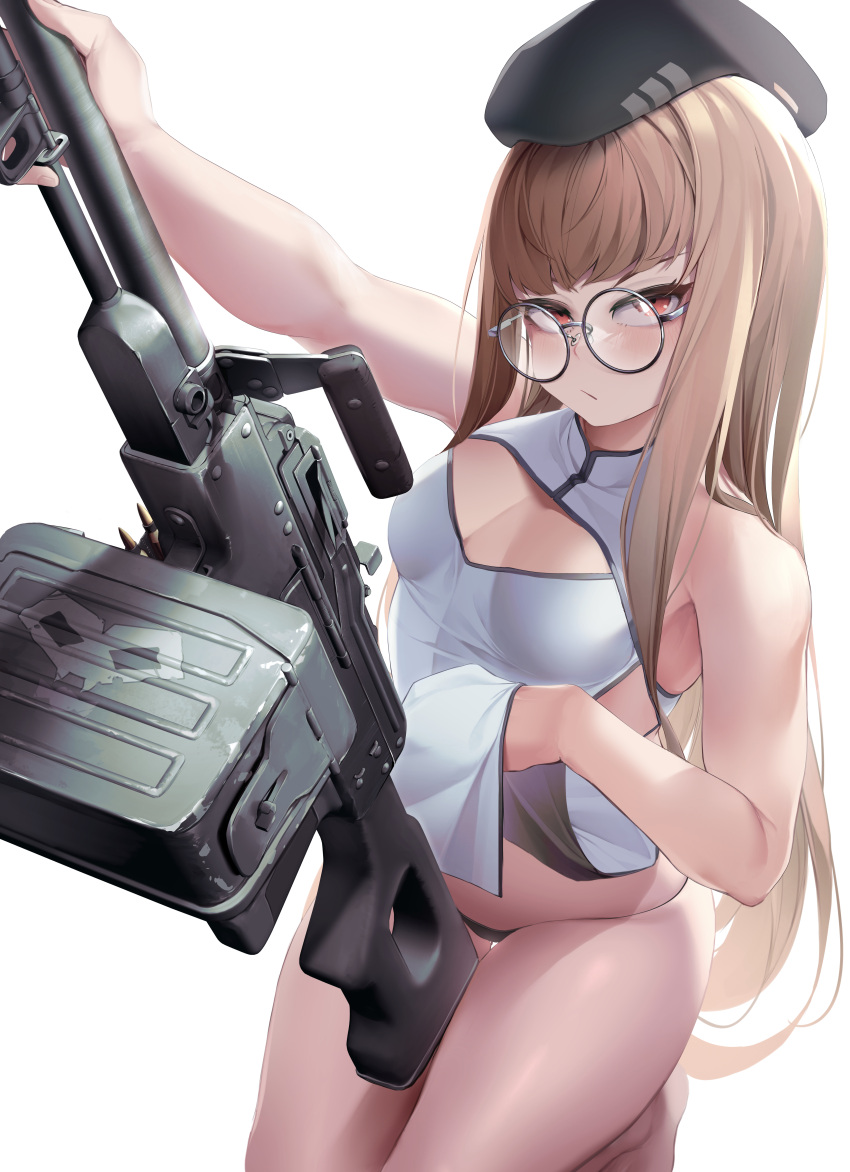 absurdres beret bikini black_bikini black_hat blunt_bangs breasts brown_eyes brown_hair check_weapon china_dress chinese_clothes clothes_lift commission dress dress_lift english_commentary expressionless female girls'_frontline glasses gun hat highres holding holding_gun holding_weapon long_hair looking_at_viewer machine_gun nine_(kanine41) pkp_pecheneg round_eyewear sidelocks simple_background small_breasts solo swimsuit type_80_(girls'_frontline) very_long_hair weapon white_background