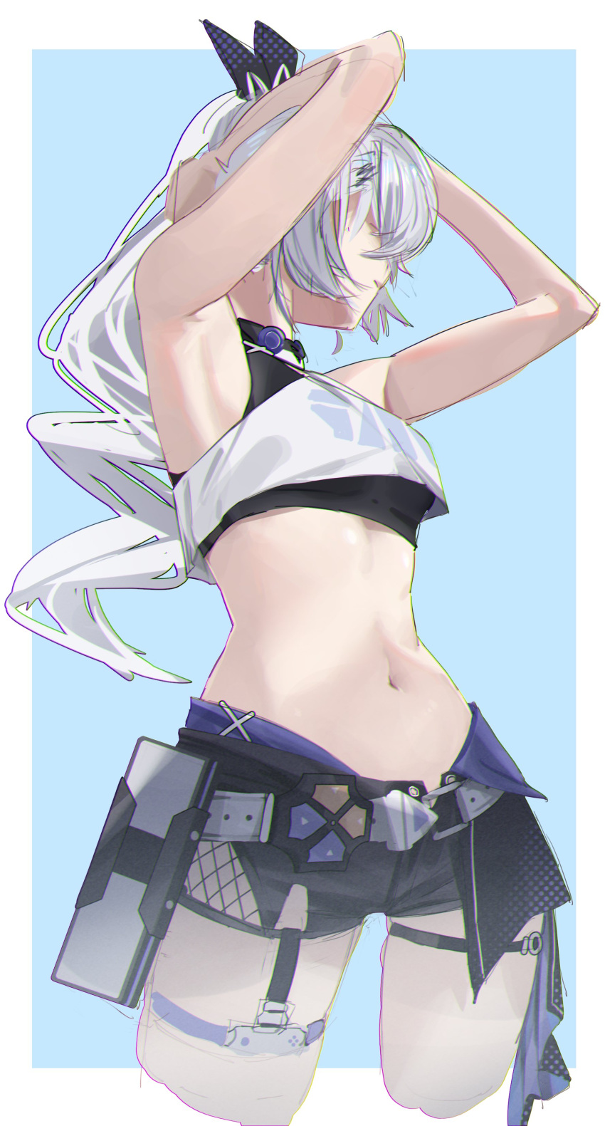 absurdres armpits arms_up bare_arms bare_shoulders black_shorts commentary crop_top cropped_legs female highres honkai:_star_rail honkai_(series) jaihu long_hair midriff navel ponytail shirt short_shorts shorts silver_wolf_(honkai:_star_rail) solo standing stomach very_long_hair white_hair white_shirt