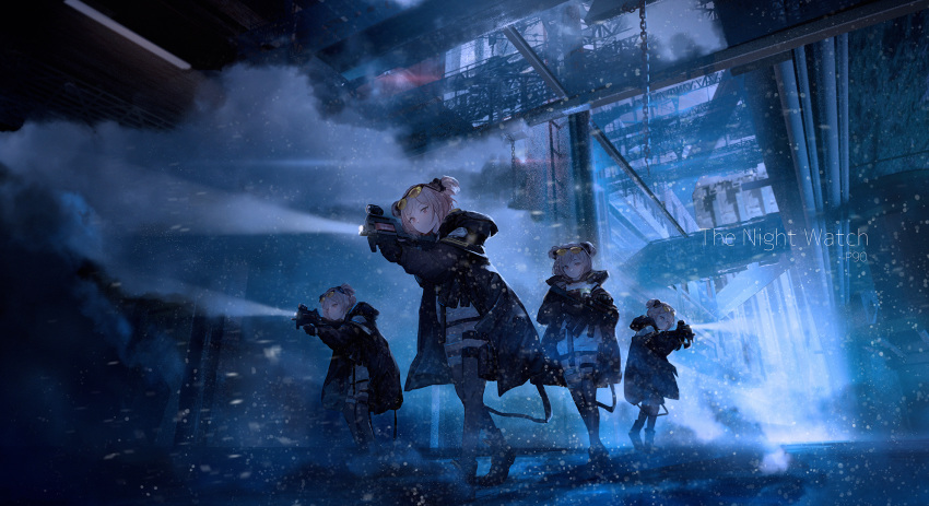 4girls aritsuno bullpup chains clone commentary_request commission double_bun english_text eyewear_on_head flashlight girls'_frontline gun hair_bun highres jacket light_brown_hair multiple_girls night p90 p90_(girls'_frontline) shoes short_hair skeb_commission snow submachine_gun thigh_strap weapon