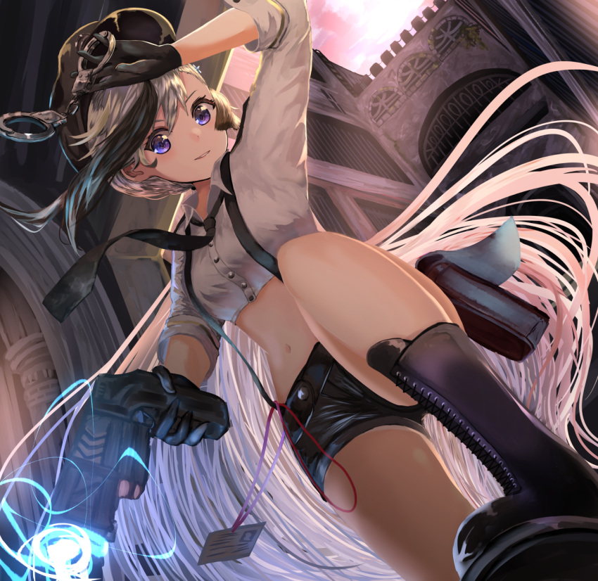 arm_up azur_lane bad_id bad_pixiv_id belt_pouch black_footwear black_gloves black_hair black_hat black_necktie black_shorts boots buttons collared_shirt commentary cowboy_shot crop_top cross-laced_footwear cuffs dutch_angle electricity eyebrows_hidden_by_hair female gloves gun hair_between_eyes hand_on_own_head handcuffs hat highres holding holding_gun holding_handcuffs holding_weapon id_card knee_boots lace-up_boots long_hair looking_at_viewer low_ponytail midriff minsk_(azur_lane) minsk_(thunderous_jailor)_(azur_lane) multicolored_hair navel necktie parted_lips peaked_cap pink_sky pouch prison purple_eyes sei_(saya_sea) shirt short_shorts shorts sidelocks sky sleeve_cuffs smile solo standing standing_on_one_leg streaked_hair suspender_shorts suspenders taser very_long_hair weapon white_hair white_shirt