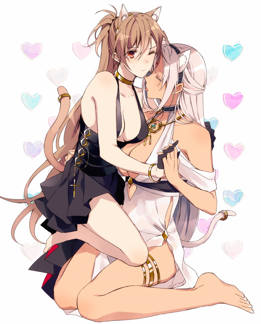 2girls amazuki_jou animal_ears arm_around_waist azur_lane barefoot black_dress black_gloves body_markings breasts brown_hair cat_ears cat_tail center_opening closed_eyes cocktail_dress commentary_request dark-skinned_female dark_skin dress evening_gown extra_ears facial_mark forehead_mark gloves gold_bracelet gold_choker grey_hair half_gloves half_updo halter_dress halterneck heart high-waist_sideboob highres holding_hands interlocked_fingers jean_bart_(azur_lane) jean_bart_(uninhibited_bloodstone)_(azur_lane) jewelry kemonomimi_mode kneeling licking light_brown_hair long_hair looking_at_another massachusetts_(azur_lane) massachusetts_(dressed_to_impress)_(azur_lane) medium_breasts multiple_girls necklace official_alternate_costume on_lap one_eye_closed ponytail red_eyes short_dress side_slit sitting sweatdrop tail tail_ornament tail_ring thighlet wariza white_background white_hair yuri