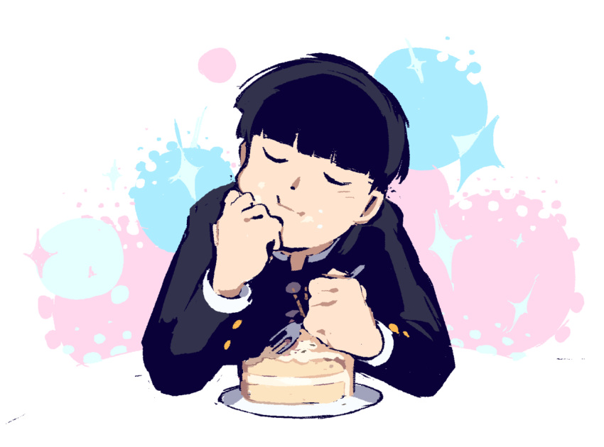 1boy black_hair bowl_cut cake cecil closed_eyes eating food fork gakuran hand_up holding holding_fork kageyama_shigeo long_sleeves mob_psycho_100 plate school_uniform solo upper_body