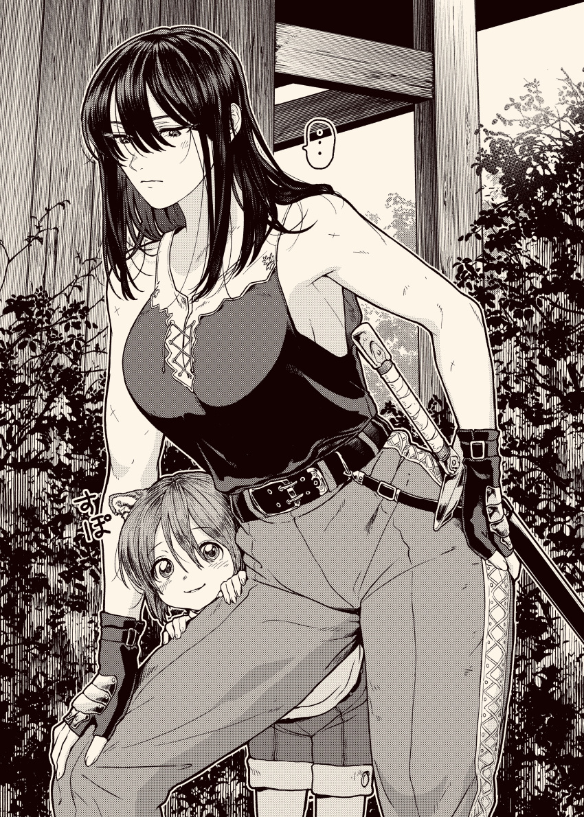 ... 1boy absurdres age_difference animal_ears bare_arms bare_shoulders belt breasts commentary_request female fingerless_gloves frown gloves greyscale hair_between_eyes hand_on_own_hip highres large_breasts long_hair looking_at_viewer monochrome noah_(onna_kishi_to_kemonomimi_no_ko) olivia_(onna_kishi_to_kemonomimi_no_ko) onee-shota onna_kishi_to_kemonomimi_no_ko pants peeking_out sheath sheathed shirt shorts size_difference sleeveless sleeveless_shirt smile spoken_ellipsis straight sword turbo_engine_(rakugaki_tabo) weapon