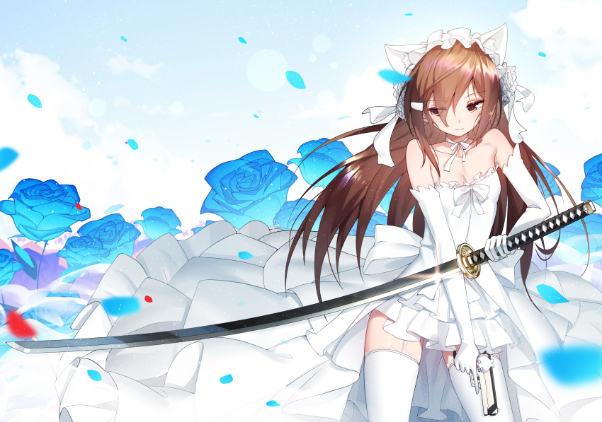 animal_ears bai_yemeng brown_eyes brown_hair gun katana long_hair sword tagme_(character) thighhighs weapon wedding_attire