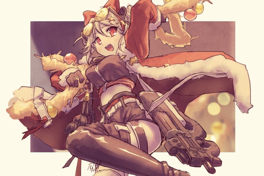 :d arigatoner black_shorts boots breasts bullpup christmas coat commentary_request double_bun eyewear_on_head female fur-trimmed_coat fur_trim garland_(decoration) girls'_frontline gloves gun hair_between_eyes hair_bun hair_ornament large_breasts leg_up looking_at_viewer midriff official_alternate_costume open_mouth p90 p90_(girls'_frontline) p90_(scarlet_turbo)_(girls'_frontline) red_coat red_eyes shorts smile solo star_(symbol) star_hair_ornament submachine_gun sunglasses thigh_boots weapon