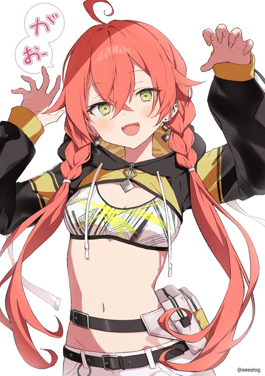 ahoge belt belt_pouch black_belt black_jacket braid breasts crop_top cropped_jacket earrings female green_eyes h_(eitilog) highres jacket jewelry long_hair nijisanji pants pouch red_hair shishido_akari shishido_akari_(1st_costume) solo tank_top twin_braids virtual_youtuber white_pants