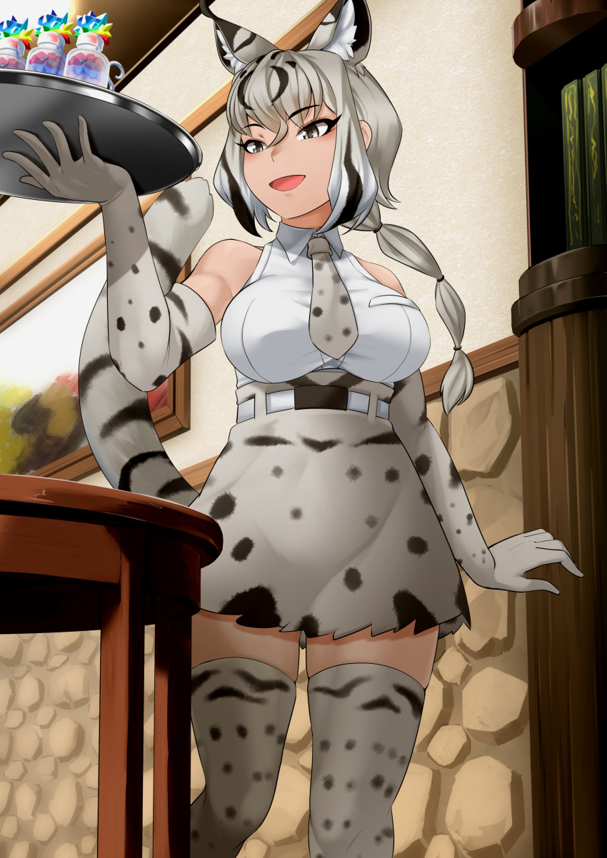 absurdres animal_ear_fluff animal_ears animal_print arm_at_side bare_shoulders belt black_hair bobcat_(kemono_friends) breasts collared_shirt elbow_gloves extra_ears feet_out_of_frame female gloves grey_eyes grey_hair hand_up high-waist_skirt highres holding holding_tray indoors kawanami_eito kemono_friends long_hair looking_to_the_side low_ponytail miniskirt multicolored_hair necktie open_mouth pocket ponytail print_gloves print_necktie print_skirt print_thighhighs shirt skirt sleeveless sleeveless_shirt smile solo table tail thighhighs tray walking white_hair white_shirt wing_collar zettai_ryouiki