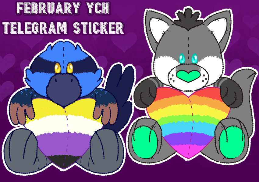 ambiguous_gender anthro avian blue_eyes canid canine cawbaret duo english_text heart_symbol hi_res holidays lgbt_pride mammal nude plushie pride_colors text valentine's_day yellow_eyes