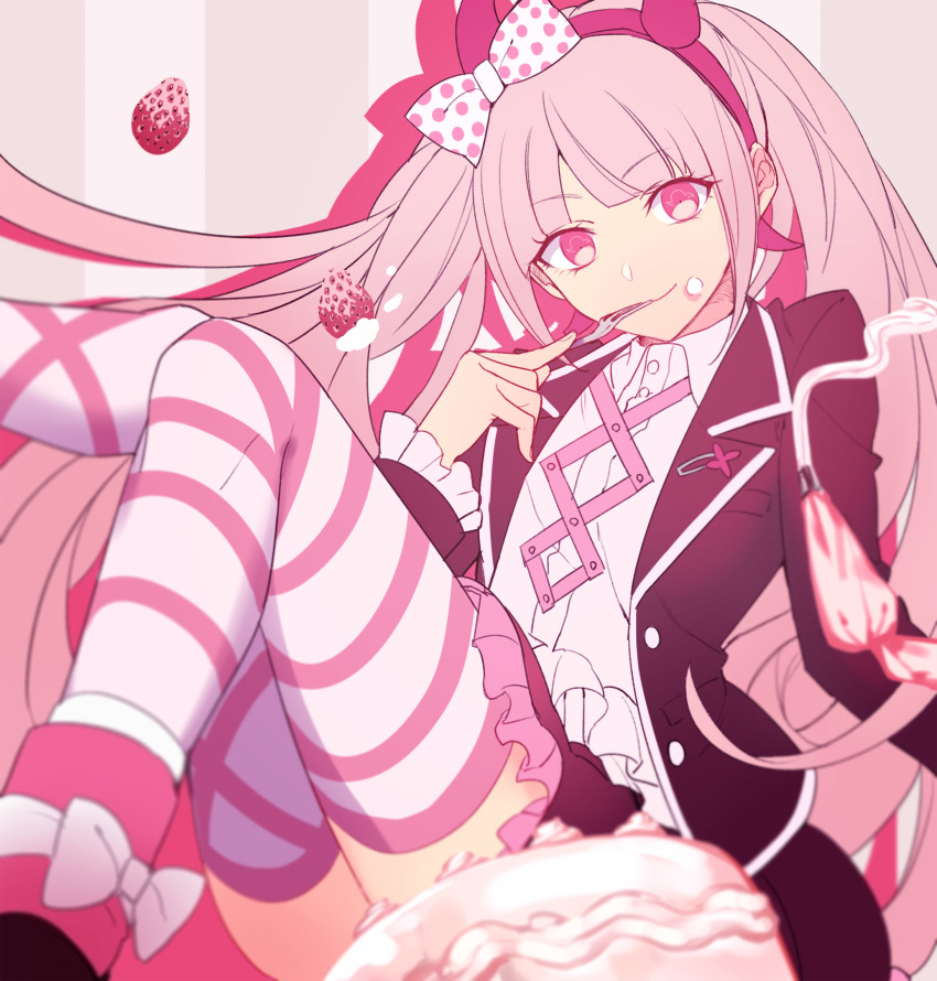 aokiku bow cake collared_shirt danganronpa eyebrows_visible_through_hair fake_horns female food food_on_face fork frilled_sleeves frills fruit hairband hairbow head_tilt highres horns icing jacket leg_up long_hair long_sleeves open_clothes open_jacket pastry_bag pink_eyes pink_hair polka_dot polka_dot_bow shirt smile solo strawberry striped striped_background striped_legwear thighhighs twintails utensil_in_mouth utsugi_kotoko very_long_hair zettai_zetsubou_shoujo