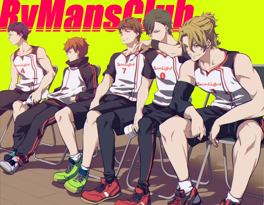 5boys ataka_takeru bad_id bad_pixiv_id black_footwear blonde_hair brown_hair chair copyright_name cup disposable_cup elbow_sleeve green_footwear hands_in_pockets highres male_focus miyasumi_tatsuru multiple_boys pants parted_bangs red_footwear ryman's_club saeki_souta saeki_touya shiratori_mikoto_(ryman's_club) shoes sitting sleeveless smile sneakers sportswear takeda_kouki track_pants wristband yellow_background