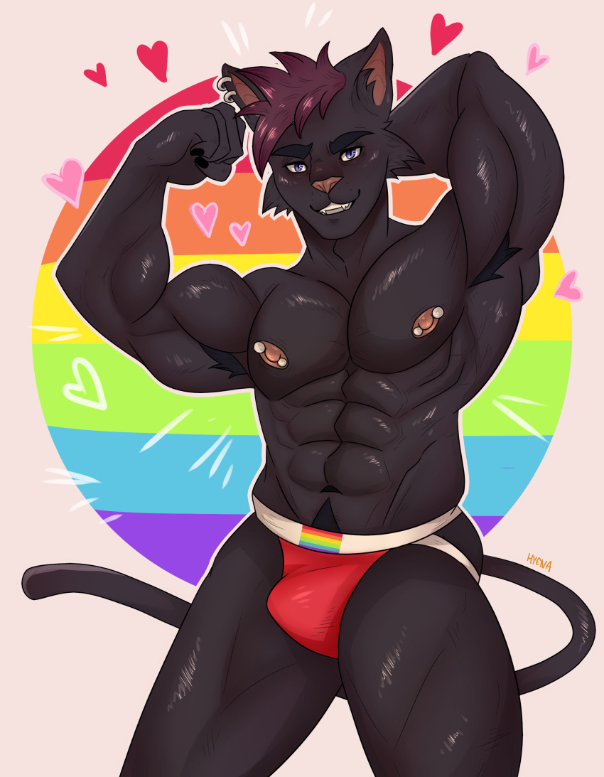 absurd_res anthro armpit_hair black_body black_fur body_hair clothing domestic_cat ear_piercing felid feline felis fur gatothecat heart_symbol hi_res jockstrap lgbt_pride lgbt_pride_month male mammal monotone_body monotone_fur moschythehyena multicolored_clothing multicolored_jockstrap multicolored_underwear nipple_piercing nipples piercing pride_color_background pride_color_clothing pride_color_jockstrap pride_color_underwear pride_colors pubes rainbow_pride_colors simple_background six-stripe_rainbow_pride_colors solo underwear