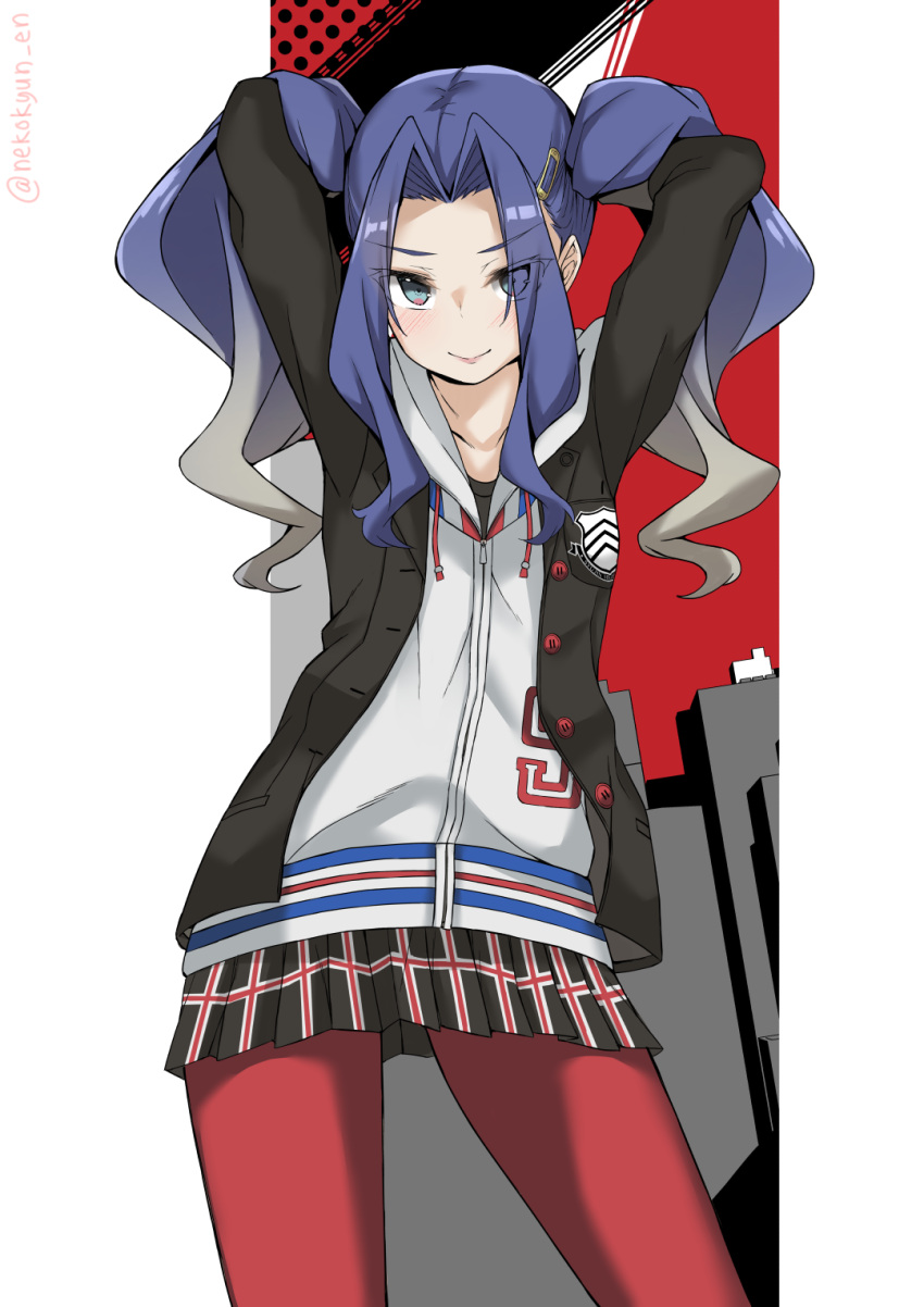 arms_up black_jacket black_skirt blue_eyes blue_hair cardigan closed_mouth cosplay cowboy_shot female floating_hair gradient_hair grey_hair hair_intakes hair_ornament hairclip highres hooded_cardigan jacket long_hair long_sleeves looking_at_viewer melty_q_melromarc miniskirt multicolored_hair nekokyun open_clothes open_jacket pantyhose persona persona_5 plaid plaid_skirt pleated_skirt red_pantyhose school_uniform shuujin_academy_school_uniform skirt solo standing takamaki_anne takamaki_anne_(cosplay) tate_no_yuusha_no_nariagari twintails white_cardigan