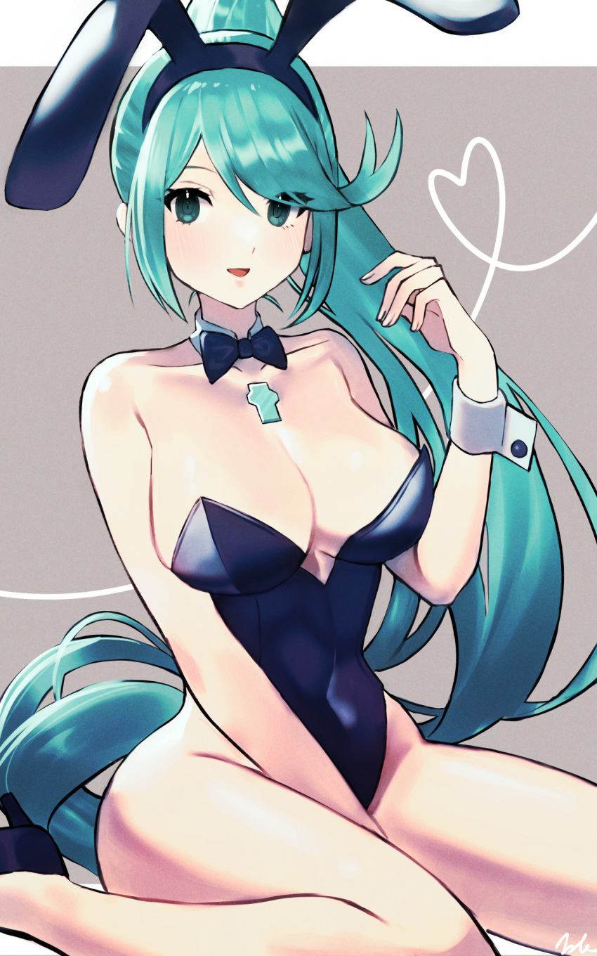 :d animal_ears aqua_hair bare_legs bare_shoulders black_bow black_bowtie black_footwear black_hairband black_leotard bow bowtie breasts cleavage collar collarbone covered_navel detached_collar fake_animal_ears female foot_out_of_frame green_eyes grey_background groin hairband hand_up heart high_heels highres kyosuke1413koba legs leotard looking_at_viewer medium_breasts playboy_bunny pneuma_(xenoblade) ponytail rabbit_ears shoes signature sitting smile solo swept_bangs two-tone_background wariza white_background white_collar wrist_cuffs xenoblade_chronicles_(series) xenoblade_chronicles_2