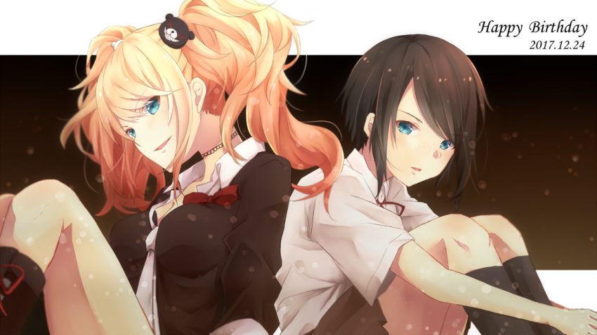 2girls back-to-back black_hair black_legwear blonde_hair blue_eyes breasts brown_skirt choker cleavage commentary_request danganronpa:_trigger_happy_havoc danganronpa_(series) dated enoshima_junko freckles hair_ornament happy_birthday ikusaba_mukuro kneehighs kuro_n314 long_hair looking_at_viewer medium_breasts multiple_girls neck_ribbon necktie open_mouth red_ribbon ribbon school_uniform shirt siblings sisters sitting skirt sleeves_rolled_up smile socks twintails