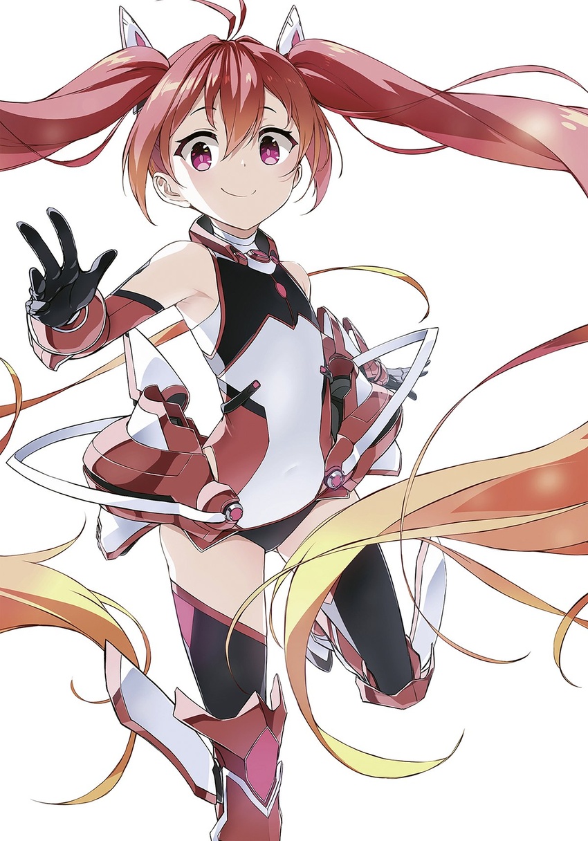 antenna_hair black_gloves black_thighhighs blonde_hair closed_mouth female flat_chest floating_hair gloves gradient_hair hair_between_eyes hair_ornament highres leg_up leotard long_hair looking_at_viewer mitsuka_souji multicolored_hair official_art ore_twintail_ni_narimasu red_eyes red_hair simple_background smile solo tailred thighhighs twintails very_long_hair white_background