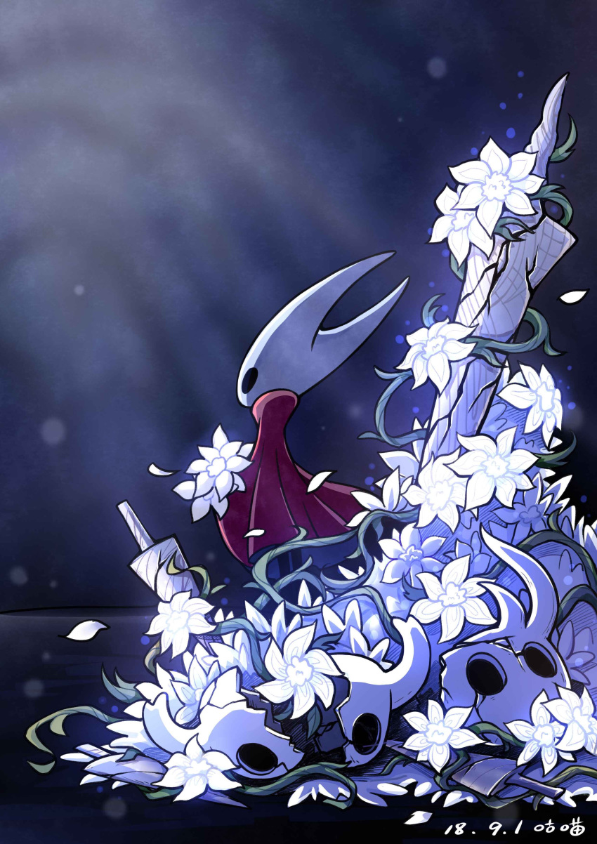 absurdres artist_name broken_vessel_(hollow_knight) cloak commentary cracked_mask female flower highres holding holding_flower hollow_eyes hollow_knight hornet_(hollow_knight) knight_(hollow_knight) nail_(hollow_knight) no_humans petals planted pure_nail_(hollow_knight) red_cloak solo standing ugly_cat weapon white_flower