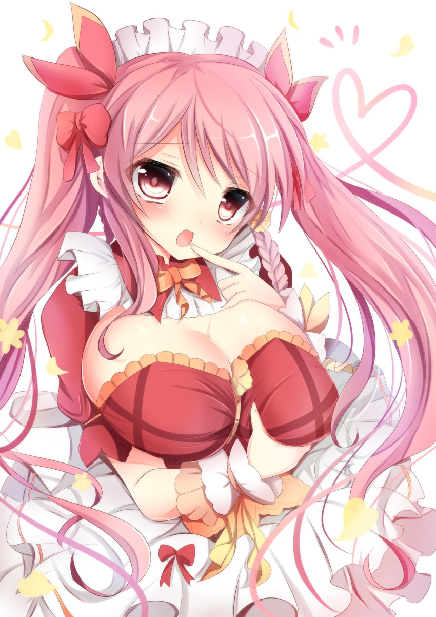 apron blush bow bowtie braid breasts cleavage cowslip_(flower_knight_girl) dress female finger_to_mouth flower_knight_girl grabbing_own_breast hair_ribbon hairbow highres large_breasts long_hair magudara_naru maid maid_apron maid_headdress open_mouth puffy_short_sleeves puffy_sleeves red_eyes ribbon short_sleeves sidelocks solo twintails wrist_cuffs yellow_bow