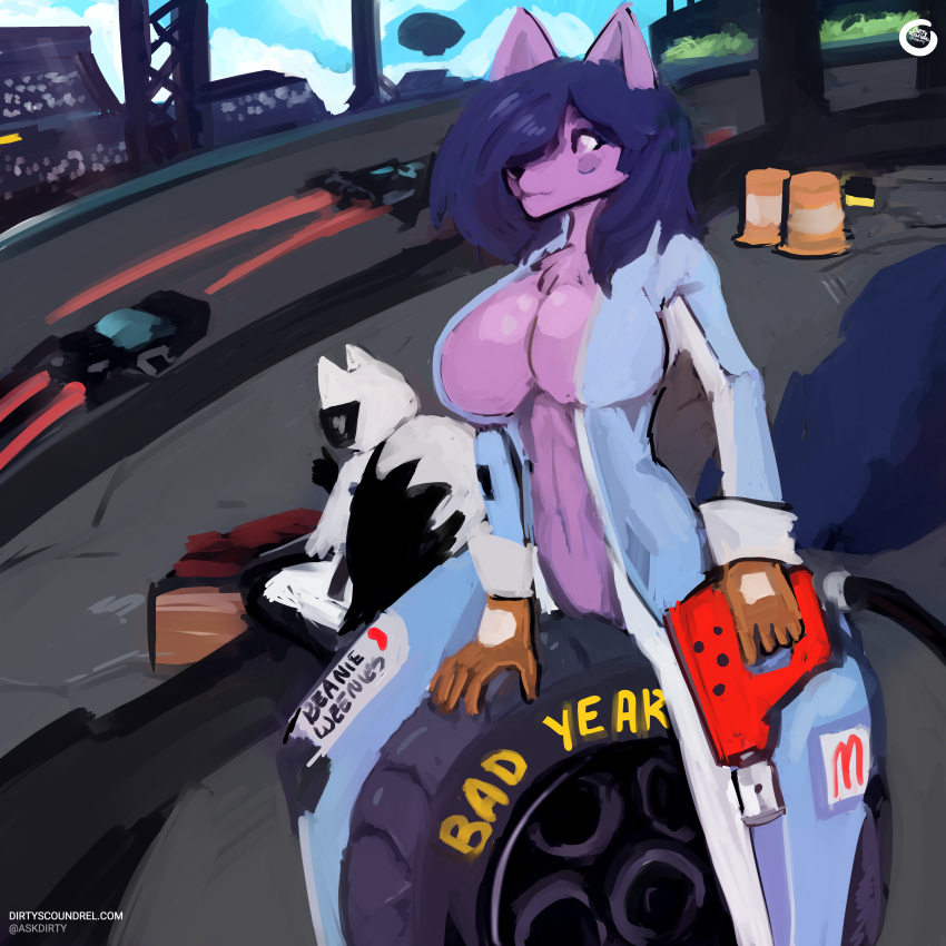 1:1 abs aircraft airship anthro armor big_breasts blue_hair blue_sky bodysuit breasts canid canine canis car clothing cloud dirty_(character) dirtyscoundrel female fur group hair headgear helmet hi_res mammal purple_body purple_fur race race_car racing science_fiction skinsuit sky sticker tight_clothing tire tools vehicle white_body white_fur wolf