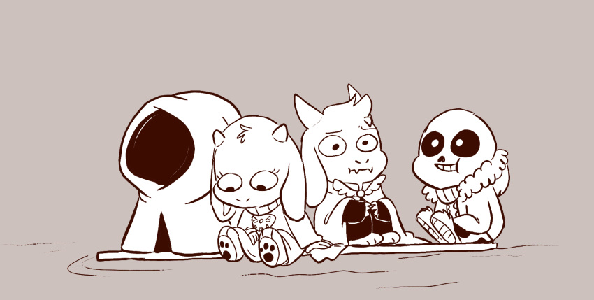 2015 alternate_universe animated_skeleton anthro asgore_dreemurr bone boss_monster_(undertale) bovid caprine chibi female group hi_res horn littletale male mammal monochrome mudkipful river_person_(undertale) sans_(undertale) sitting skeleton smile toriel undead undertale undertale_(series) water