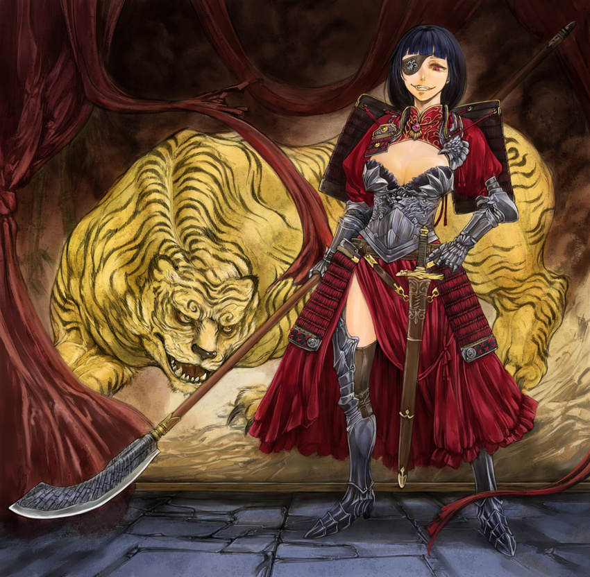 armor armored_boots armored_dress black_hair boots cervus commentary_request eyepatch female grin highres original pink_eyes polearm smile sword thighhighs tiger weapon