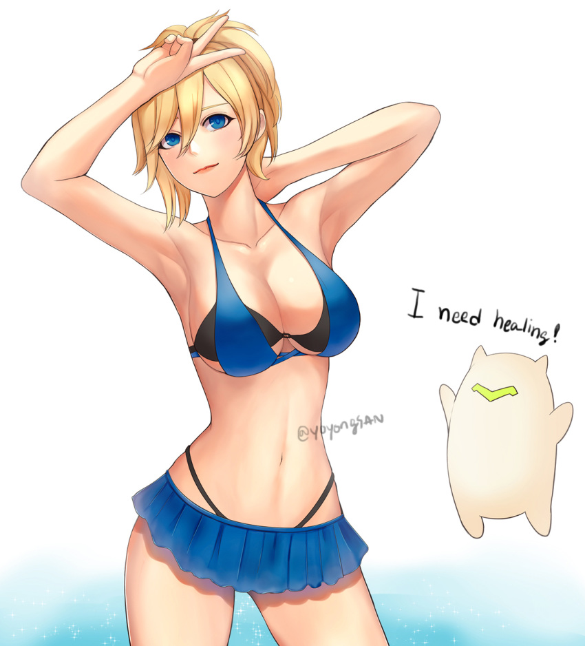 1boy arms_up bad_id bad_pixiv_id black_bra black_panties blonde_hair blue_background blue_eyes blue_skirt bra breasts collarbone commentary cowboy_shot english_commentary english_text female genji_(overwatch) gradient_background hair_between_eyes halterneck high_ponytail highleg highleg_panties highres large_breasts looking_at_viewer mercy_(overwatch) microskirt navel no_headwear no_wings nose overwatch overwatch_1 panties panty_straps photoshop_(medium) skirt smile twitter_username underwear v white_background yoyongsan