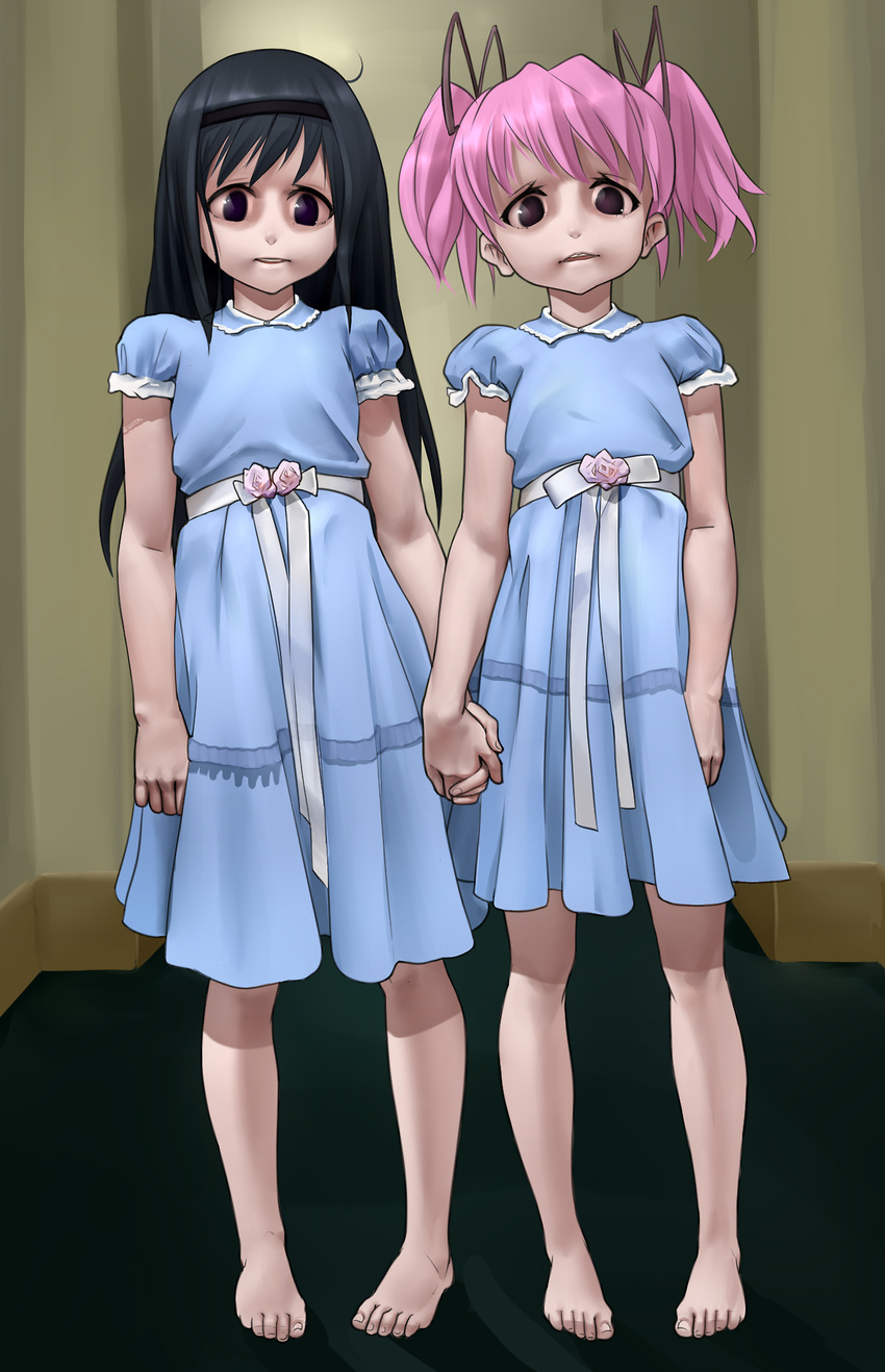 2girls age_regression aged_down akemi_homura barefoot black_hair blue_skirt commentary cosplay empty_eyes english_commentary feet flat_chest grady_sisters_(the_shining) grady_sisters_(the_shining)_(cosplay) hair_ribbon hairband highres holding_hands horror_(theme) kairunoburogu kaname_madoka mahou_shoujo_madoka_magica mahou_shoujo_madoka_magica_(anime) multiple_girls pale_skin parody pink_hair ribbon short_twintails skirt the_shining toes twintails