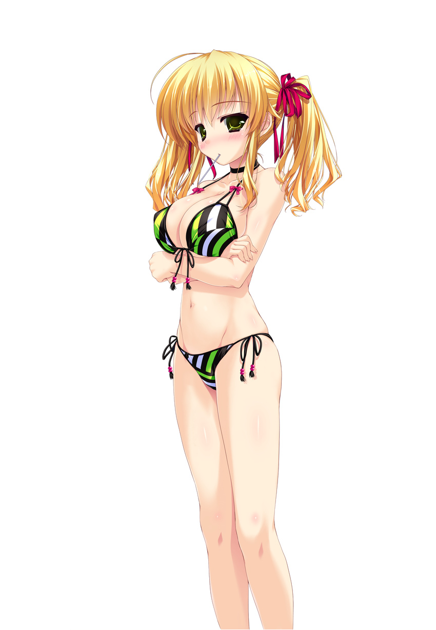 absurdres ahoge bikini blonde_hair blush breasts choker crossed_arms female green_bikini green_eyes groin hair_ribbon halterneck highres large_breasts long_hair looking_at_viewer mouth_hold navel official_art prism_recollection! ribbon shintarou side-tie_bikini_bottom solo striped_bikini striped_clothes swimsuit transparent_background twintails uisaki_hinano