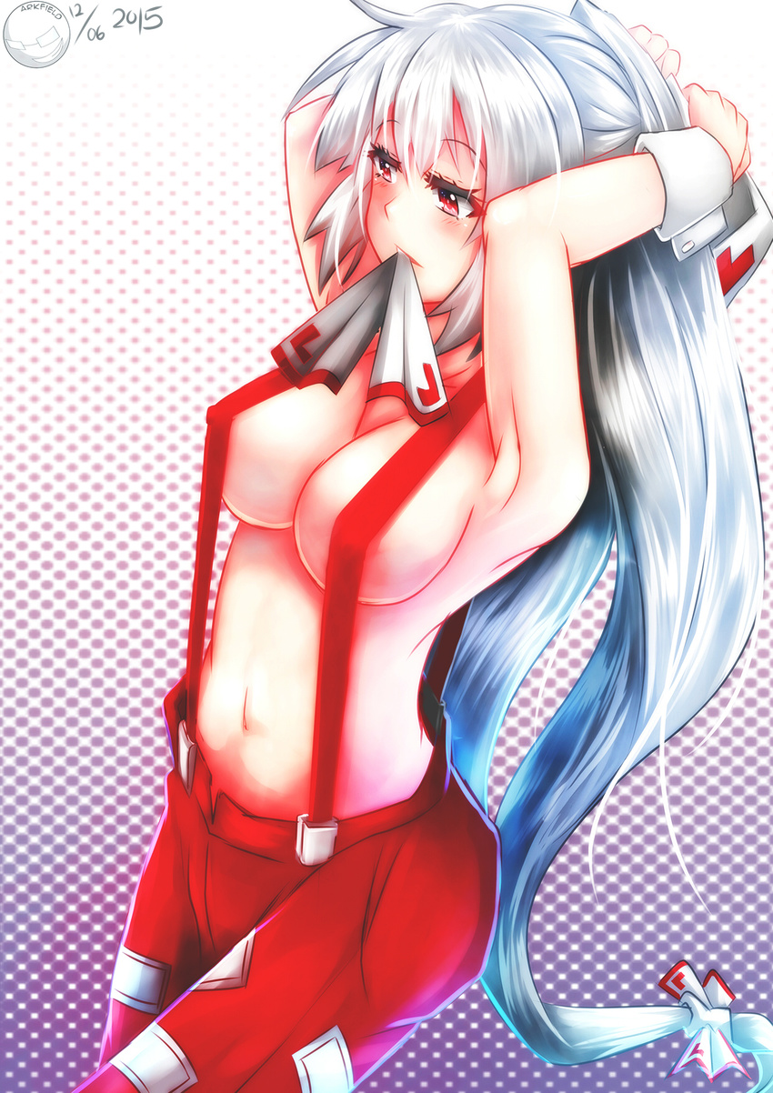 adjusting_hair alternate_hair_color arkfield artist_name blue_hair breasts commentary_request dated female fujiwara_no_mokou gradient_background gradient_hair grey_hair highres large_breasts long_hair mouth_hold multicolored_hair naked_suspenders navel no_shirt polka_dot polka_dot_background red_eyes signature solo suspenders touhou tying_hair very_long_hair white_background wrist_cuffs