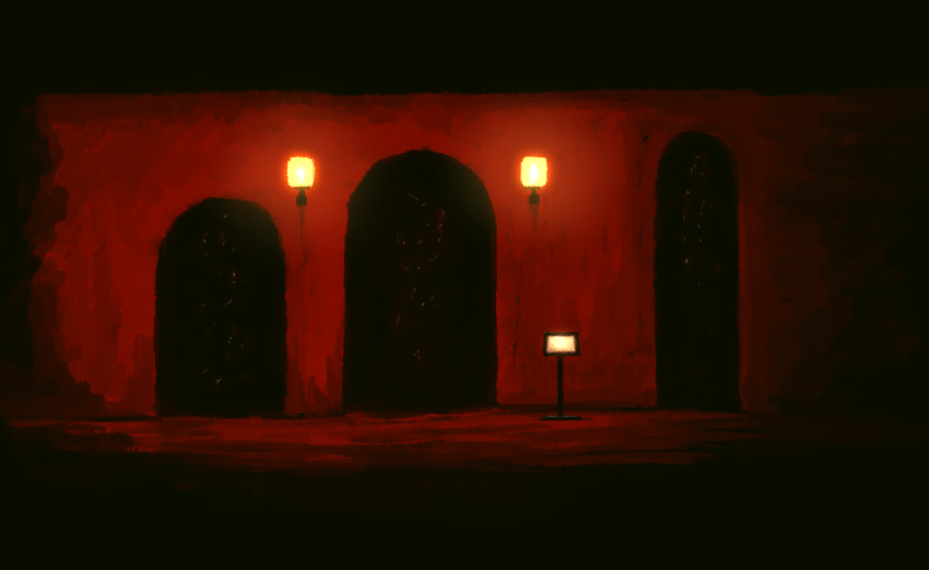 commentary dated_commentary door guru high_contrast horror_(theme) light no_humans red_theme scenery wall_lamp