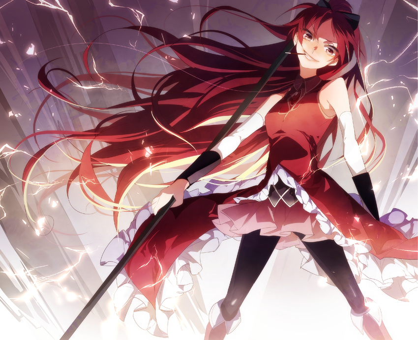 bare_shoulders black_thighhighs bow commentary_request dress female food hairbow highres long_hair magical_girl mahou_shoujo_madoka_magica mahou_shoujo_madoka_magica_(anime) mouth_hold pocky polearm ponytail red_dress red_eyes red_hair rituiti sakura_kyoko sakura_kyoko_(magical_girl) smile solo spear thighhighs weapon