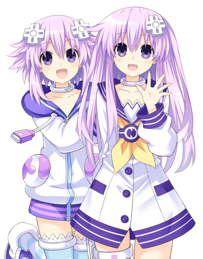 2girls :d choker commentary_request cowboy_shot d-pad d-pad_hair_ornament dress hair_ornament highres jacket long_hair looking_at_viewer multiple_girls nepgear neptune_(neptunia) neptune_(series) official_style open_mouth purple_eyes purple_hair sailor_dress short_hair siblings simple_background sisters smile waving white_background zero_(ray_0805)