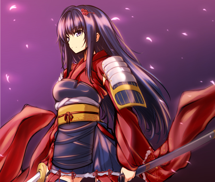 armor bad_id bad_pixiv_id blue_hair cowboy_shot female hair_ornament hime_cut japanese_armor japanese_clothes katana long_hair looking_away obi purple_eyes ribucci sash sennen_sensou_aigis sheath shizuka_(sennen_sensou_aigis) shoulder_armor sode solo sword weapon wide_sleeves