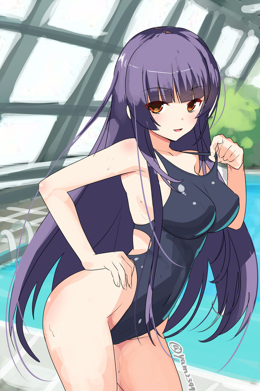 blunt_bangs blush breasts brown_eyes commentary_request competition_swimsuit female girlfriend_(kari) hand_on_own_hip highleg highleg_swimsuit highres kagurazaka_saya large_breasts long_hair looking_at_viewer one-piece_swimsuit open_mouth pool purple_hair rei_no_pool smile solo swimsuit yamacchi