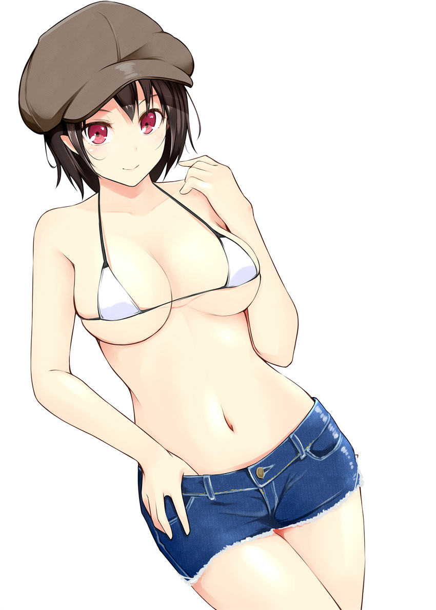 bikini bikini_top_only black_hair breasts cabbie_hat collarbone commentary_request cowboy_shot female halterneck hat highres jajao medium_breasts navel red_eyes shameimaru_aya short_hair short_shorts shorts simple_background solo string_bikini swimsuit touhou white_background white_bikini