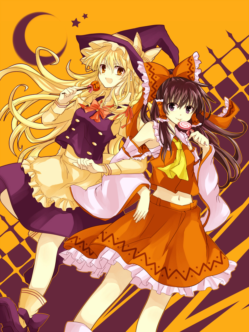 2girls :p ankle_boots apron ascot blonde_hair boots bow braid brown_hair candy commentary_request crescent_moon crossed_arms food hair_tubes hairbow hakurei_reimu halloween hat hat_ribbon highres jack-o'-lantern kirisame_marisa leg_up lollipop long_hair long_sleeves looking_at_viewer midriff moon multiple_girls navel open_mouth orange_eyes purple_eyes ribbon single_braid skirt skirt_set smile star_(symbol) swirl_lollipop tm-pika tongue tongue_out touhou two-tone_background waist_apron witch_hat