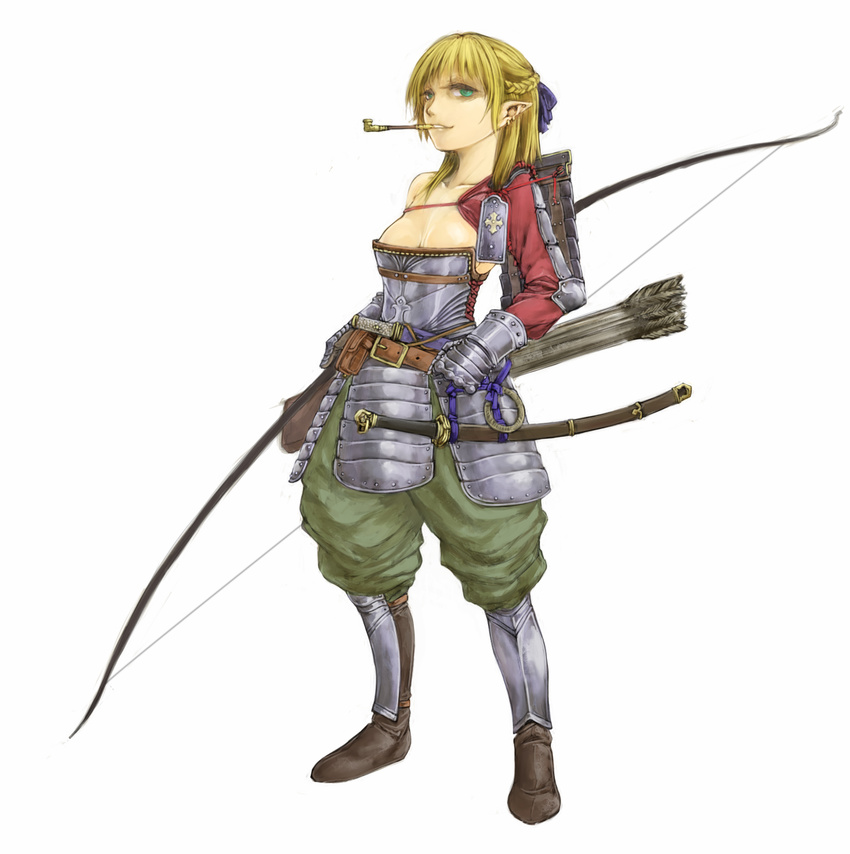 armor arrow_(projectile) baggy_pants belt belt_buckle blonde_hair bow_(weapon) breasts buckle cervus cleavage commentary_request couter elf female gauntlets greaves green_eyes highres holding holding_bow_(weapon) holding_weapon japanese_armor katana kiseru kusazuri original pants pants_tucked_in plate_armor pointy_ears quiver rerebrace same-hada short_sword shoulder_armor smoking_pipe sode solo sword tachi_(weapon) tantou weapon