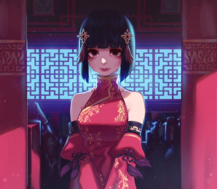 absurdres arm_garter bare_shoulders black_eyes black_hair blunt_bangs breasts china_dress chinese_clothes commentary_request detached_sleeves doku-chan_(dokkudokudoku) dress female hair_ornament highres indoors large_breasts lattice long_sleeves looking_at_viewer original photoshop_(medium) red_dress short_hair solo v_arms window