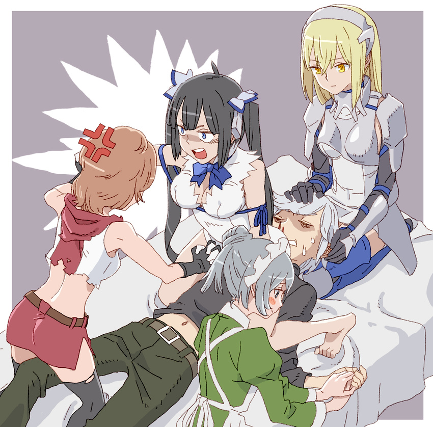 06erunium 1boy 4girls aiz_wallenstein anger_vein armor bed bell_cranel black_hair blood blue_eyes blue_ribbon breasts cleavage cleavage_cutout clothing_cutout commentary_request dress dungeon_ni_deai_wo_motomeru_no_wa_machigatteiru_darou_ka elf gloves green_hair hair_ribbon harem headpat hestia_(danmachi) highres lap_pillow liliruca_arde long_hair maid_headdress medium_breasts multiple_girls nosebleed open_mouth pointy_ears rei_no_himo ribbon short_hair straight syr_flover thighhighs twintails white_dress white_gloves