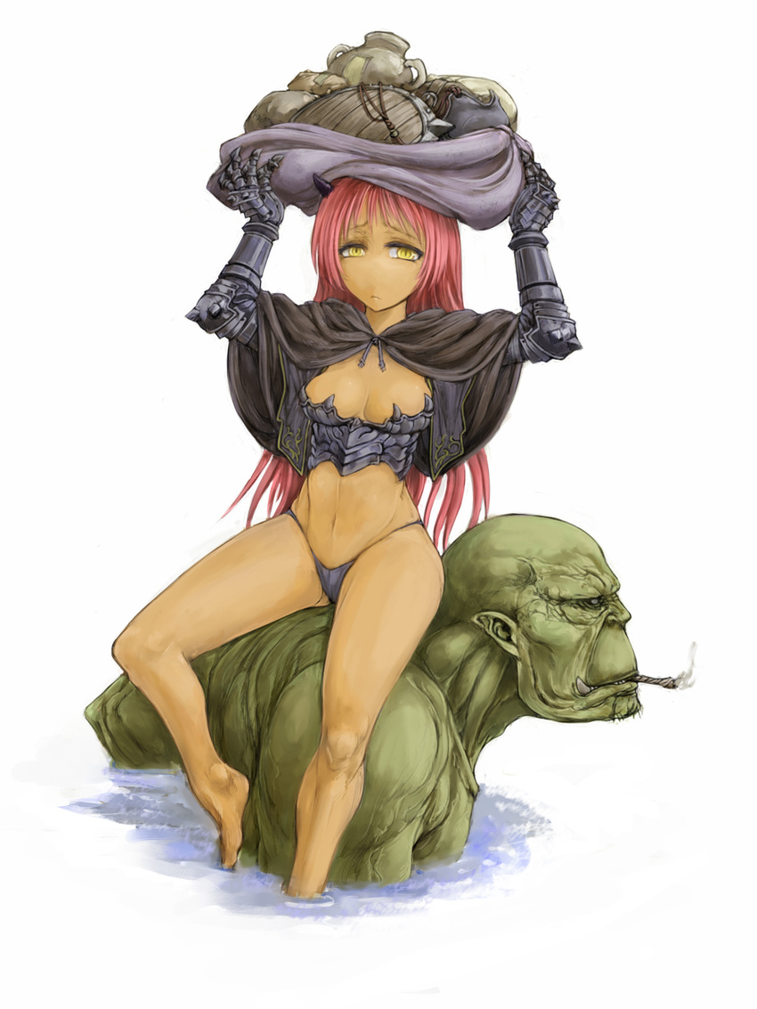 1boy armor capelet carrying_overhead cervus colored_skin commentary_request female gauntlets green_skin highres horns long_hair orc original pot red_hair shield sitting sitting_on_person smoking solo_focus white_background yellow_eyes