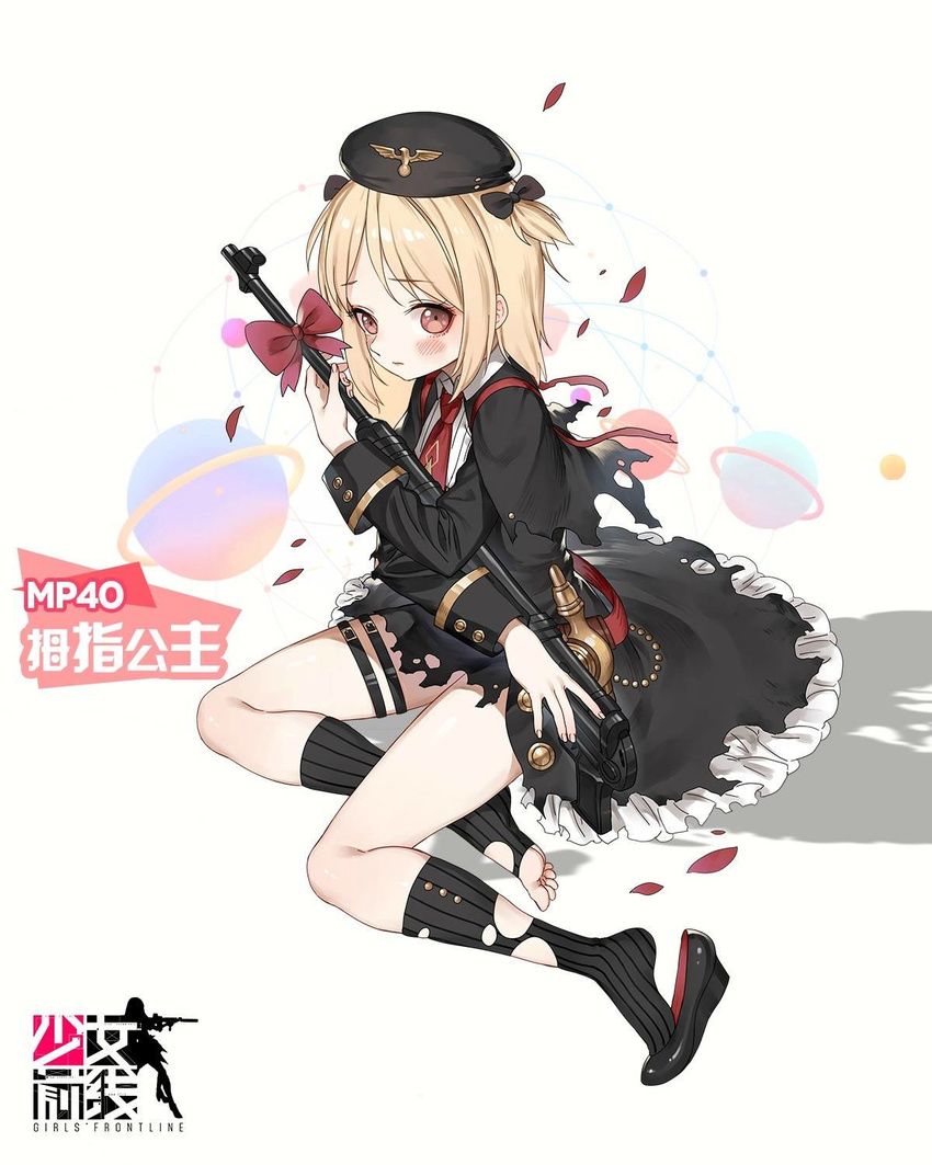 aged_down black_dress black_footwear blonde_hair blush brown_eyes capelet character_name closed_mouth copyright_name dress feet female full_body german_clothes girls'_frontline gun haijin hat high_heels highres holding holding_gun holding_weapon looking_at_viewer military military_hat military_uniform mp40 mp40_(girls'_frontline) mp40_(thumbelina)_(girls'_frontline) official_alternate_costume official_art petals promotional_art shadow shoe_dangle shoes short_twintails sidelocks simple_background single_shoe sitting solo submachine_gun toes twintails uniform weapon white_background yokozuwari